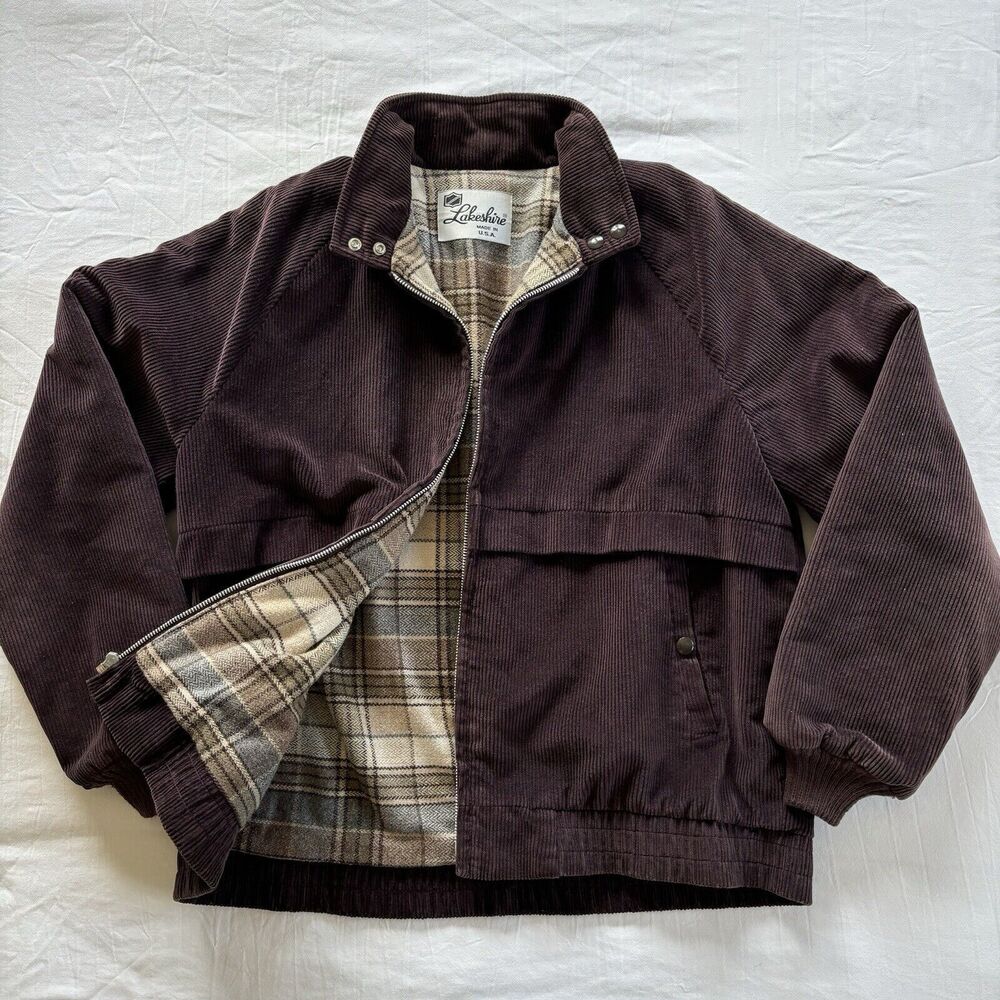 Vtg Lakeshire Corduroy Bomber Jacket Large Brown Plaid Blanket Lined Gorp Norm